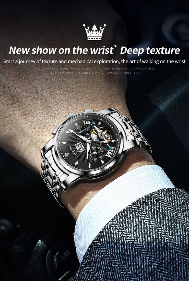 OLEVS 9965 Mens Watch Classic Hollow Out Automatic Mechanical Watch Original Movement Waterproof Luminous Calendar Year Moon