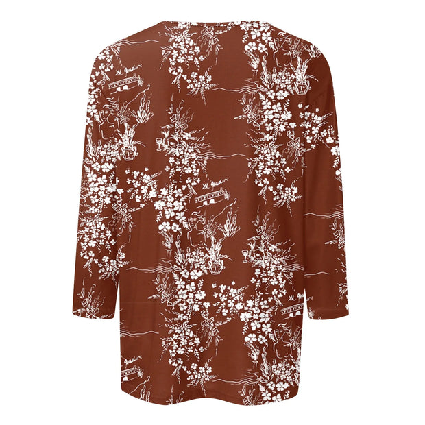 2024 Women Summer Tops Comfortable T Shirt Fashion Flower Print Round Neck 3/4 Sleeve Tops Soft Versatile Pullover Ropa De Mujer
