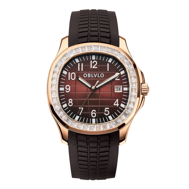 OBLVLO Trend Luxury Rose Gold Diamond Date Mechanical Automatic Watches For Men Blue Silicone Strap Waterproof Sport Watch FM-SL