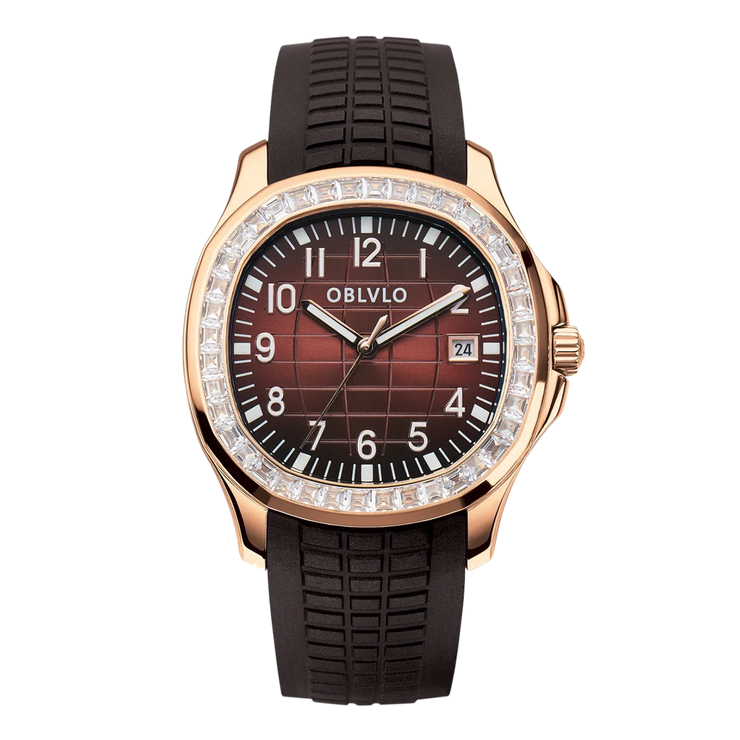 OBLVLO Trend Luxury Rose Gold Diamond Date Mechanical Automatic Watches For Men Blue Silicone Strap Waterproof Sport Watch FM-SL