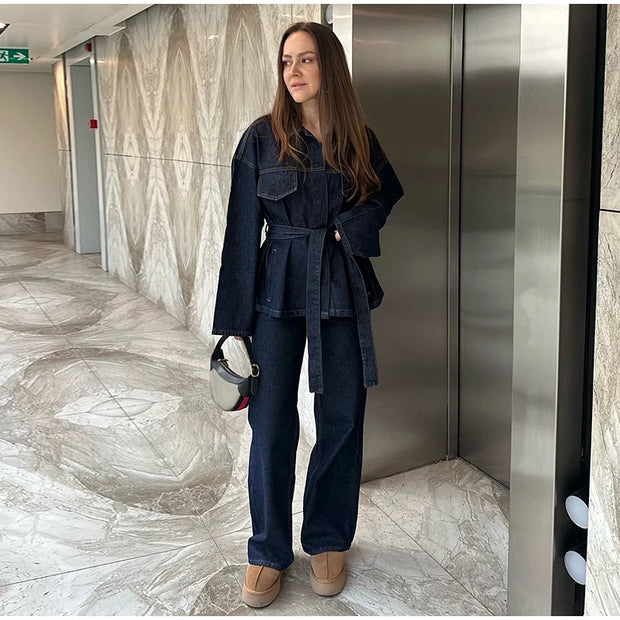 Vintage Belt Denim Jacket Pants Set Women Lapel Single Breasted Jackets Pockets Straight Jeans 2025 Spring Lady Street Outfits