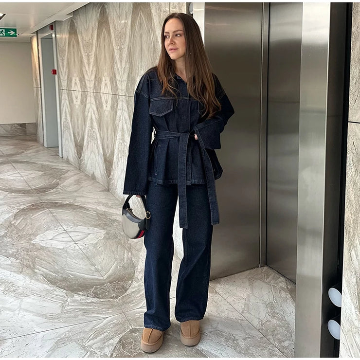 Vintage Belt Denim Jacket Pants Set Women Lapel Single Breasted Jackets Pockets Straight Jeans 2025 Spring Lady Street Outfits