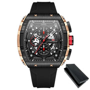 MINI FOCUS Chronograph Quartz Watch for Men Tonneau Dial Military Sport Wristwatch Male with Orange Silicone Strap Auto Date