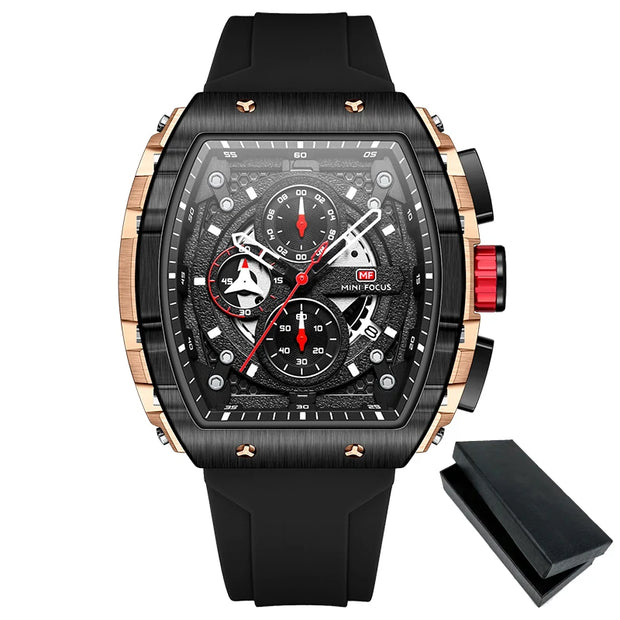 MINI FOCUS Chronograph Quartz Watch for Men Tonneau Dial Military Sport Wristwatch Male with Orange Silicone Strap Auto Date