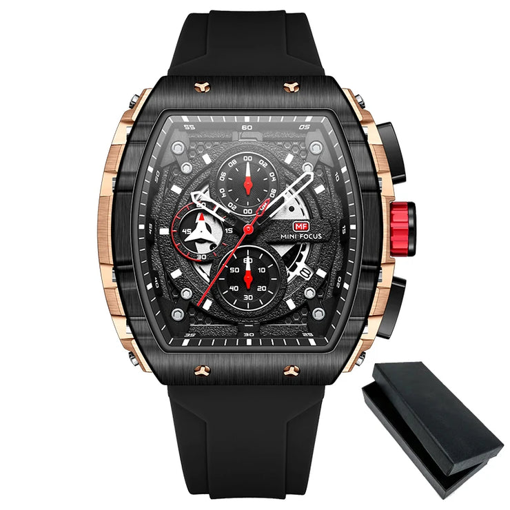 MINI FOCUS Chronograph Quartz Watch for Men Tonneau Dial Military Sport Wristwatch Male with Orange Silicone Strap Auto Date
