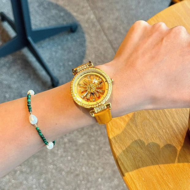 Sunflower Rotation Dial Quartz Women Watch Genuine Leather Strap Antique Watch