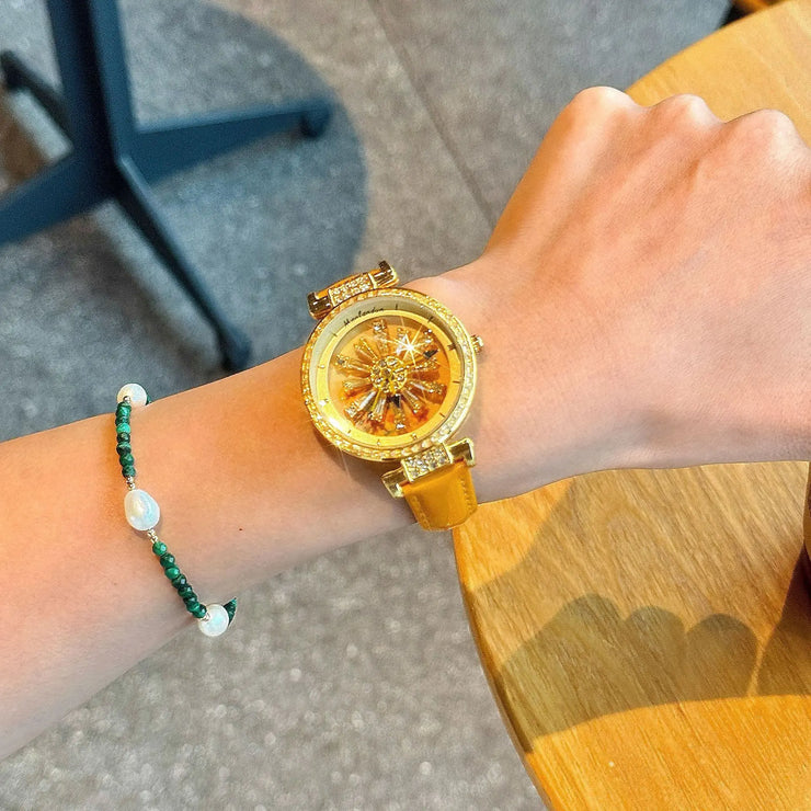 Sunflower Rotation Dial Quartz Women Watch Genuine Leather Strap Antique Watch
