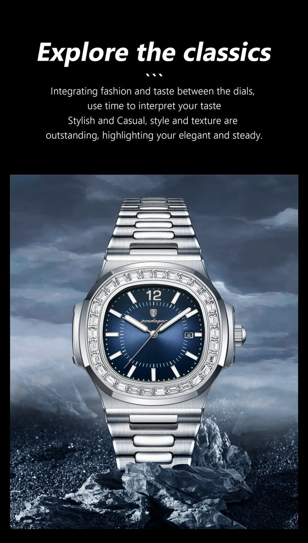 POEDAGAR Luxury Square Man Quartz Watch Waterproof Luminous Date Men's Watch High Quality Stainless Steel Business Men Watches