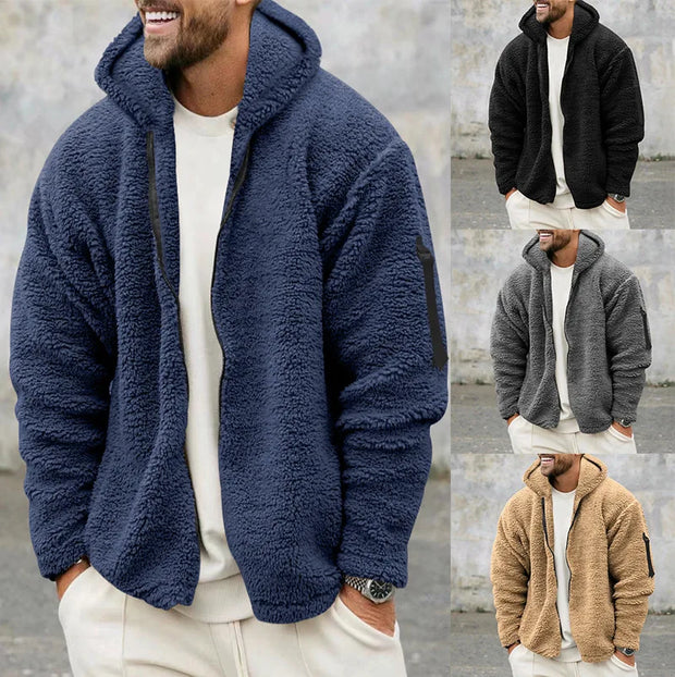 2025 Men's Casual Double-sided Plush Warm Jacket Autumn Winter Thick Wool Coats Solid Hooded Fleece Hoodies Loose Men Clothing