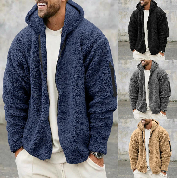2025 Men's Casual Double-sided Plush Warm Jacket Autumn Winter Thick Wool Coats Solid Hooded Fleece Hoodies Loose Men Clothing