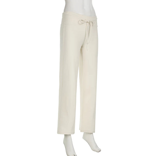 Cuteandpsycho Casual Solid Basic Pants Y2K Chic Floor Length Bottoms Vintage Aesthetic Mid Waist Drawstring Straight Trousers