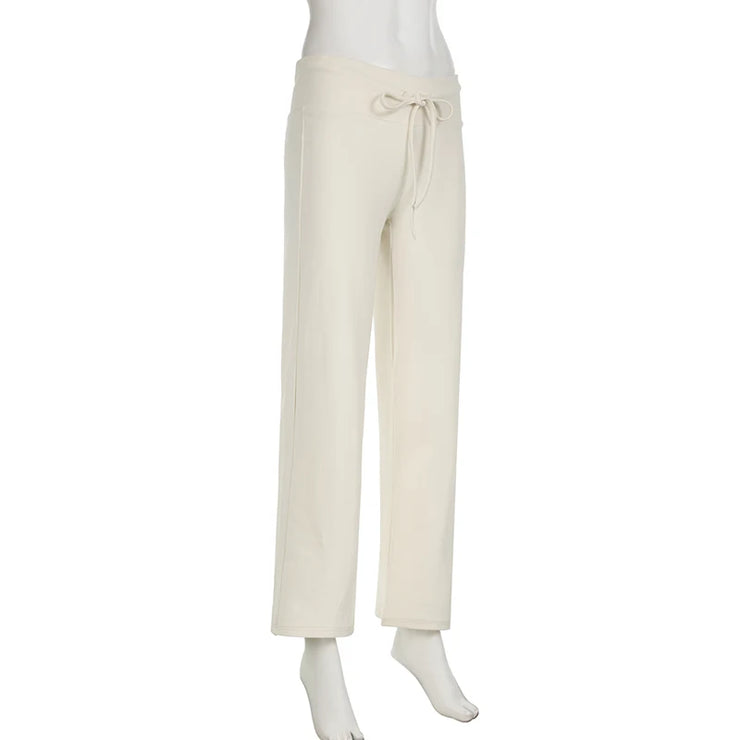 Cuteandpsycho Casual Solid Basic Pants Y2K Chic Floor Length Bottoms Vintage Aesthetic Mid Waist Drawstring Straight Trousers