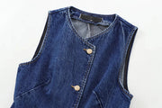 TRAF 2024 Women's Short Vest Autumn Fashion Blue Denim Vest Top Lady Casual Cropped Sleeveless Jacket Streetwear New Waistcoats