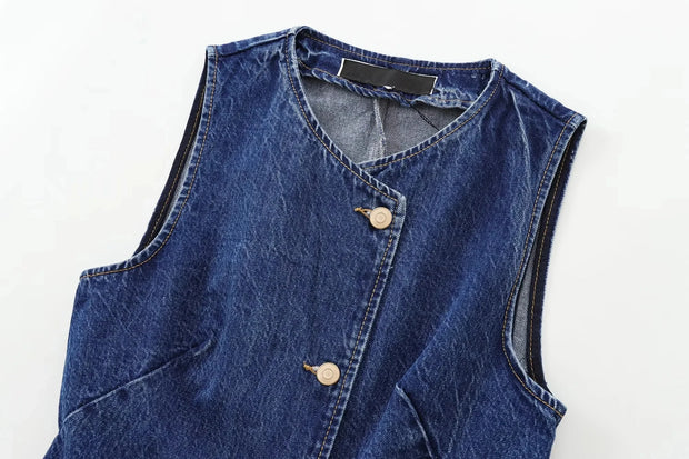 TRAF 2024 Women's Short Vest Autumn Fashion Blue Denim Vest Top Lady Casual Cropped Sleeveless Jacket Streetwear New Waistcoats