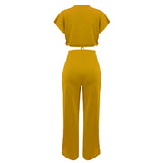 Women Casual Round Neck Drawstring Short Sleeve Top & High Waist Pants Set Summer Solid Two Piece Suit Sets Outfits Set Female