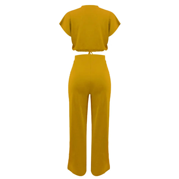 Women Casual Round Neck Drawstring Short Sleeve Top & High Waist Pants Set Summer Solid Two Piece Suit Sets Outfits Set Female