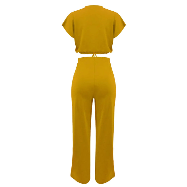 Women Casual Round Neck Drawstring Short Sleeve Top & High Waist Pants Set Summer Solid Two Piece Suit Sets Outfits Set Female