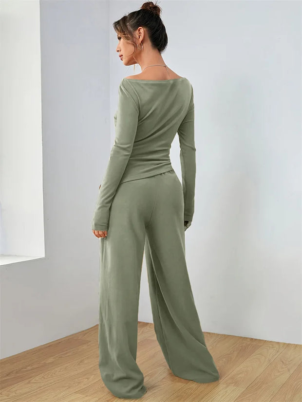 Women's Two-piece Wide Leg Pants Fashion Set Irregular Short Top Women's Clothing Yoga Exercise Set Спортивный Костюм Женский