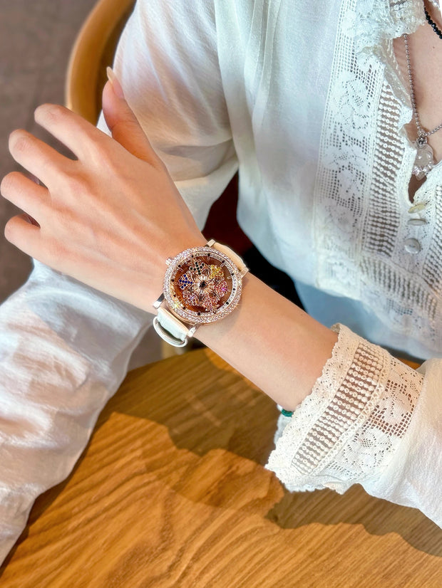 1 Upgraded Version of the Bright Eye-Catching Fashionable Luxury Women's Watch Inlaid with Colorful Rhinestone Quartz Watch, Equipped with Charming Rotating Colorful Snowflake Dial, Stainless Steel Case, Durable Leather Strap