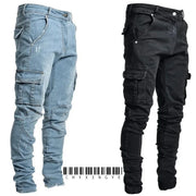 2025 New Men Street Elastic Denim Brand Jeans Narrow Legs Multi Pockets Cargo Pants Casual Slim Fit Daily Wear Joggers Mid Waist