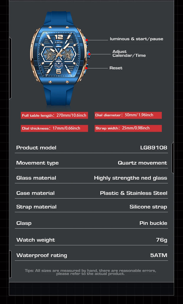 LIGE Mens Watches Top Brand Luxury Square Silicone Watch For Men Fashion Military Quartz Waterproof Chronograph Montre Homme