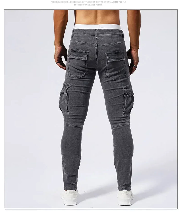 2025 New Men Street Elastic Denim Jeans Multi Pockets Cargo Pants Casual Slim Denim Trousers Fashion Y2k Joggers Baggy Man Pants