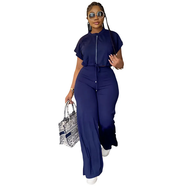 Women Casual Round Neck Drawstring Short Sleeve Top & High Waist Pants Set Summer Solid Two Piece Suit Sets Outfits Set Female