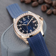 OBLVLO Trend Luxury Rose Gold Diamond Date Mechanical Automatic Watches For Men Blue Silicone Strap Waterproof Sport Watch FM-SL