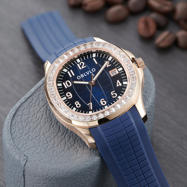 OBLVLO Trend Luxury Rose Gold Diamond Date Mechanical Automatic Watches For Men Blue Silicone Strap Waterproof Sport Watch FM-SL