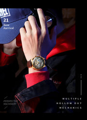 OLEVS 6661 Fully Hollow Automatic Man Watch Fashion Leather Strap Waterproof Luminous Hand Clock Men's Mechanical Wristwatches