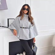 Elegant Solid Cape Fashion Office Lady Button Half Turtleneck Bat Sleeve Belt Coat Autumn Commuting Woolen Women Clothing