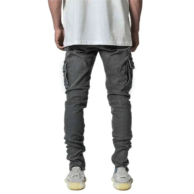 Men Street Elastic Denim Brand Jeans Narrow Legs Multi Pockets Cargo Pants Casual Slim Fit Daily Wear Joggers Mid Waist Trousers