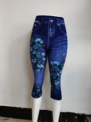Women Print Imitation Denim Leggings Skinny Stretchy Cropped Pants Outdoor Jogging Walking Fashion High Waist Leggings
