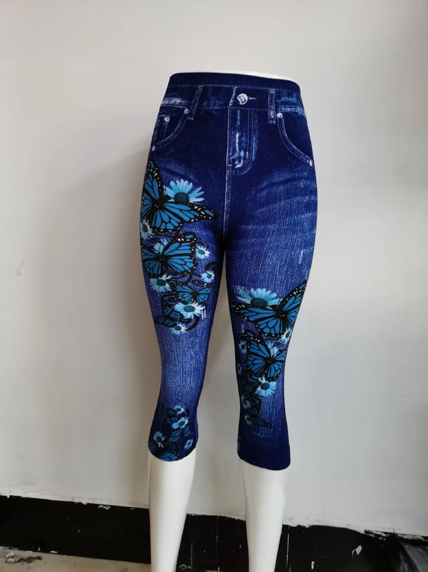 Women Print Imitation Denim Leggings Skinny Stretchy Cropped Pants Outdoor Jogging Walking Fashion High Waist Leggings