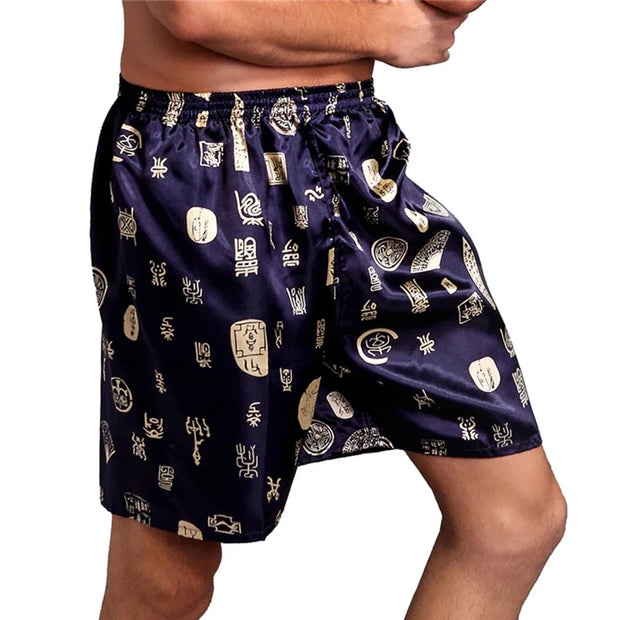 Men Sleep Bottoms Silk Satin Pajamas Casual Sleep Short Pants Printed Design Men Nightwear Pants Soft Loose Sleep Shorts Male