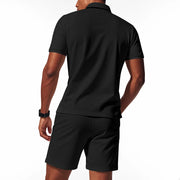 Men's Summer Sports Solid-Color Set, Quarter-Zipper Set, 2-Piece Beach Vacation Set, Men's Fashionable Casual Workwear Set.