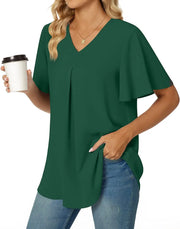 Elegant Women's Top Blouse Flower 2023 Summer Fashion Simplicity Short Sleeve Solid V-Neck Commuter Office Female Shirt S-XXL