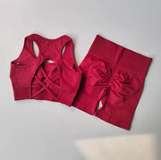 High Waist and Hip Lifting Fitness Set for Women with Beautiful Back Sport Bra Yoga Dress Tight Training and Sports Shorts Suit