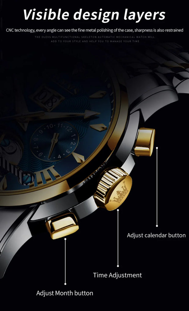 OLEVS 9965 Mens Watch Classic Hollow Out Automatic Mechanical Watch Original Movement Waterproof Luminous Calendar Year Moon
