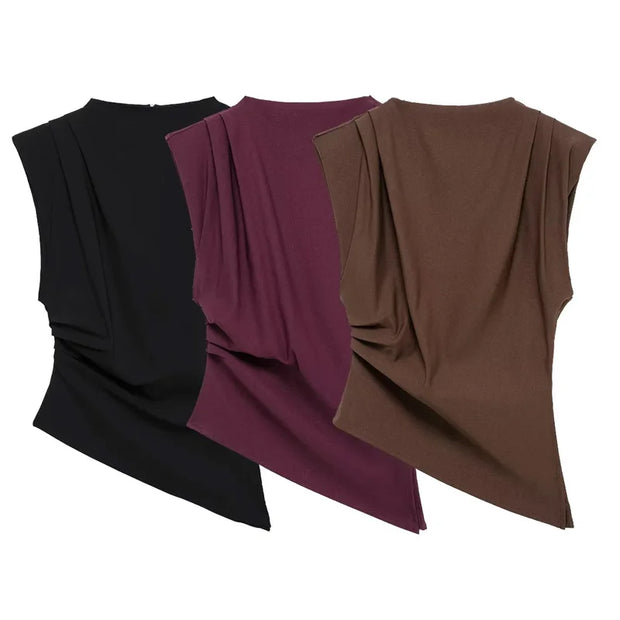 TRAF New Womens Tops Sleeveless Red Black Blouse Woman Summer Ruched Asymmetrical Top Women Slim Fit Brown Stylish Women's Top