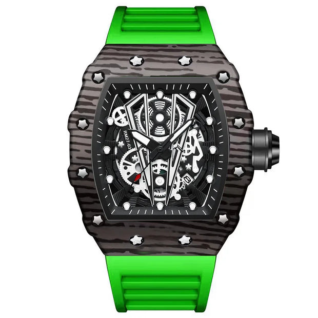 BINBOND Brand Men Watch Domineering Barrel Watch Curved Mirror Hollow Surface Sports Men Watch Silicone Quartz Wristwatch B8577