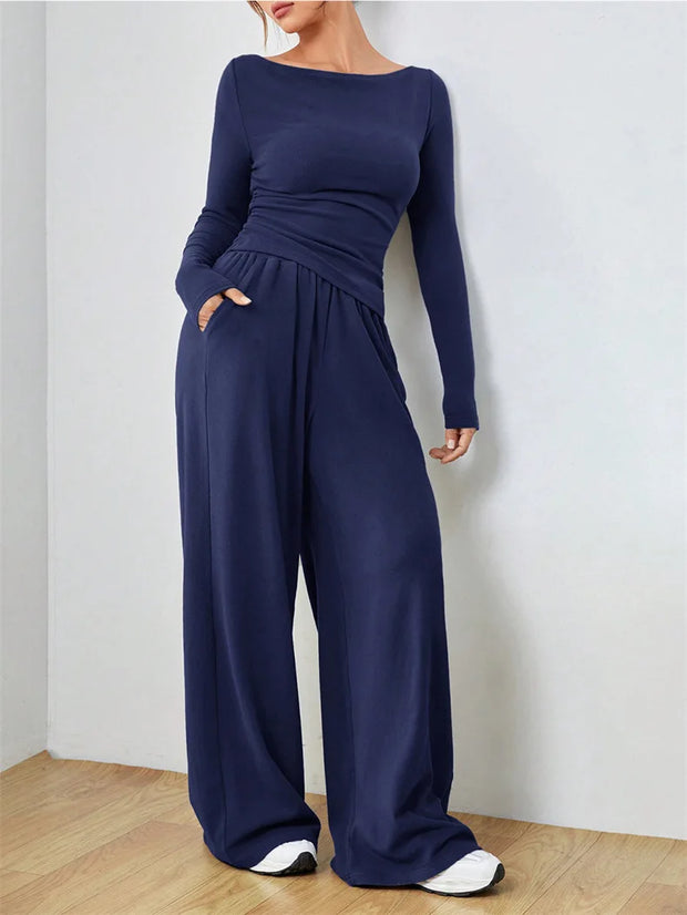 Women's Two-piece Wide Leg Pants Fashion Set Irregular Short Top Women's Clothing Yoga Exercise Set Спортивный Костюм Женский