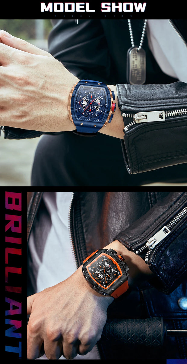 MINI FOCUS Chronograph Quartz Watch for Men Tonneau Dial Military Sport Wristwatch Male with Orange Silicone Strap Auto Date