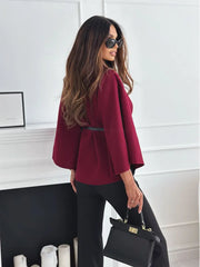 Elegant Solid Cape Fashion Office Lady Button Half Turtleneck Bat Sleeve Belt Coat Autumn Commuting Woolen Women Clothing