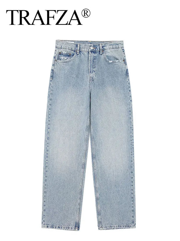 TRAFZA Jeans For Women 2024 Denim Solid Loose Zipper Fly Female Hole Trouser Pockets Wild Basic Commute Woman Wide Leg Long Pant