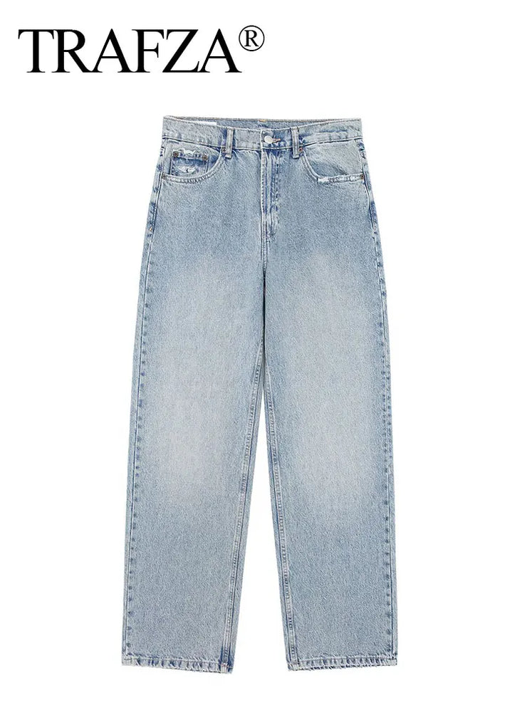 TRAFZA Jeans For Women 2024 Denim Solid Loose Zipper Fly Female Hole Trouser Pockets Wild Basic Commute Woman Wide Leg Long Pant