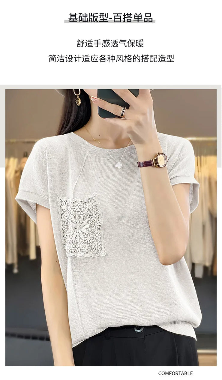 Women's T-shirt Spring/Summer Worsted Cotton Knitwear Casual Solid Color Ladies' Tops Loose Round Neck Blouse Pullover Tees