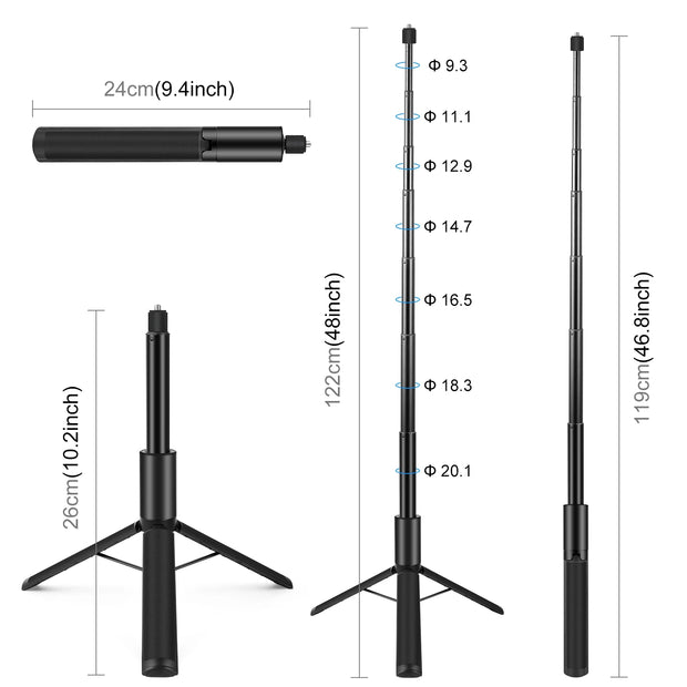 New 1.22m 1/4" Screw Thread Retractable Invisible Selfie Stick