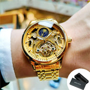 Gold  Vintage Moon Phase Automatic Watch for Men Tourbillon Skeleton Luminous Hands Luxury Brand Mechanical Watches Steel Strap
