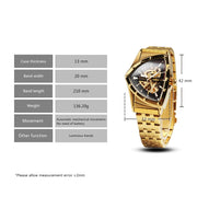 WINNER Military Triangle Skeleton Automatic Watch for Men Gold Sports Mechanical Watches Luxury Stainless Steel Strap Luminous